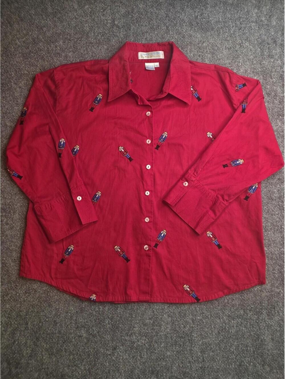 Vintage Casey Coleman Nutcrack Embroidered Cotton Button Up Shirt RED Womens XL